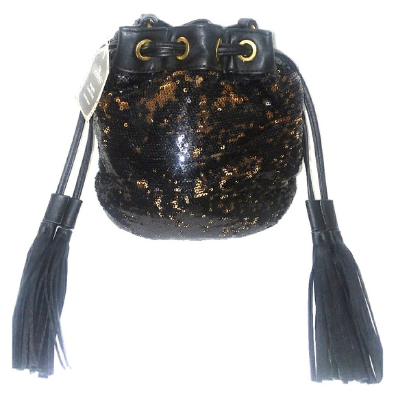 Silk Elements Handbags - Black And Gold Sequin Tassel Bag